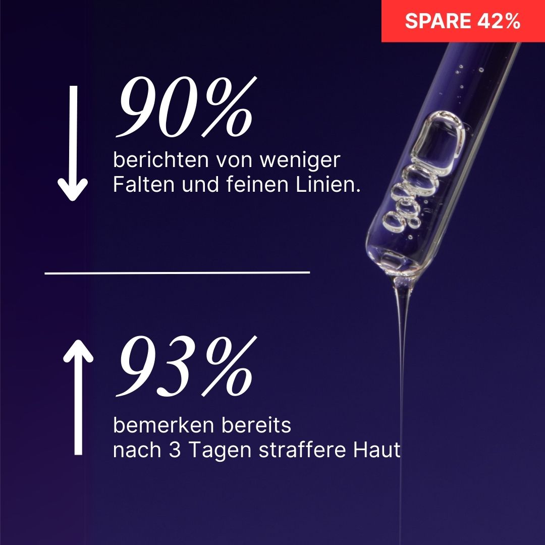 Image with text about skincare benefits and a dropper with liquid.