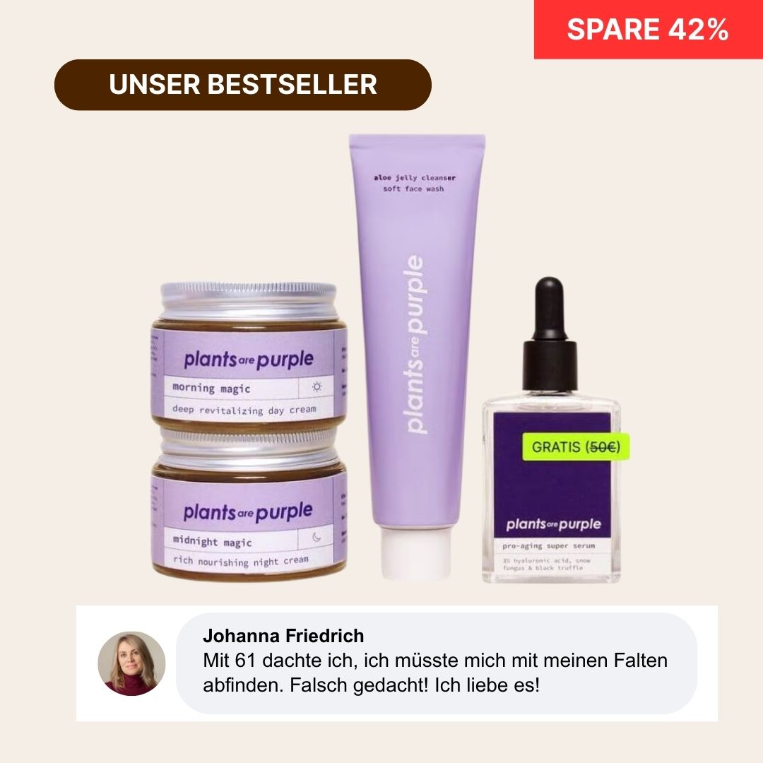 Skincare products labeled 'plants are purple' with a customer testimonial in German.