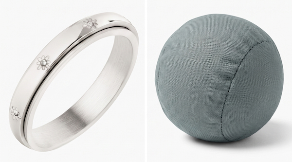 A silver spinner ring with flower engravings next to a gray fabric ball.