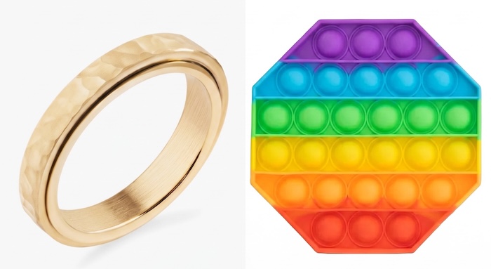 A hammered gold spinner ring is shown next to a rainbow-colored octagonal pop-it fidget toy.