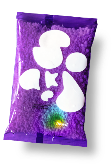 Purple packaging with abstract white shapes on a bag of granular contents.