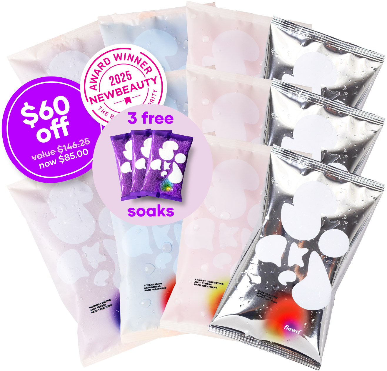 Colorful bath treatment packages with promotional text and award badge.
