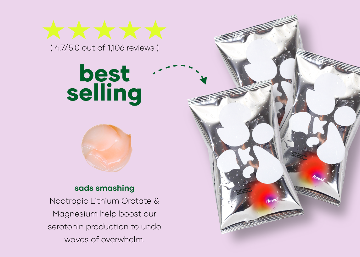 Image of best selling product packaging with five-star rating and text about serotonin boosting.
