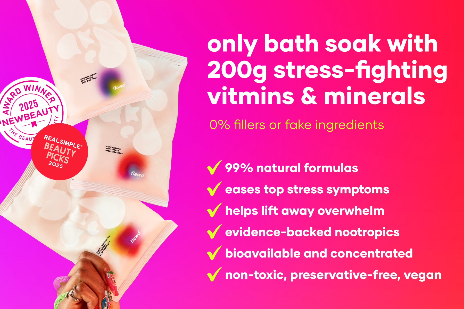 Colorful bath soak packaging with text highlighting stress-fighting vitamins and minerals.