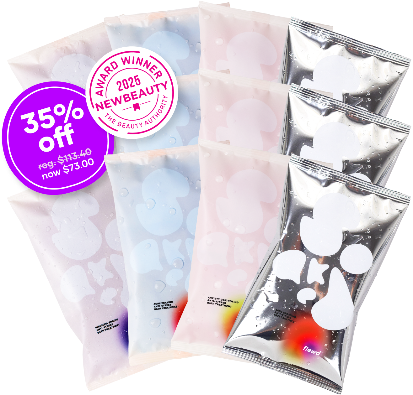 Assorted bath treatment packages with a 35% off sale badge and award sticker.
