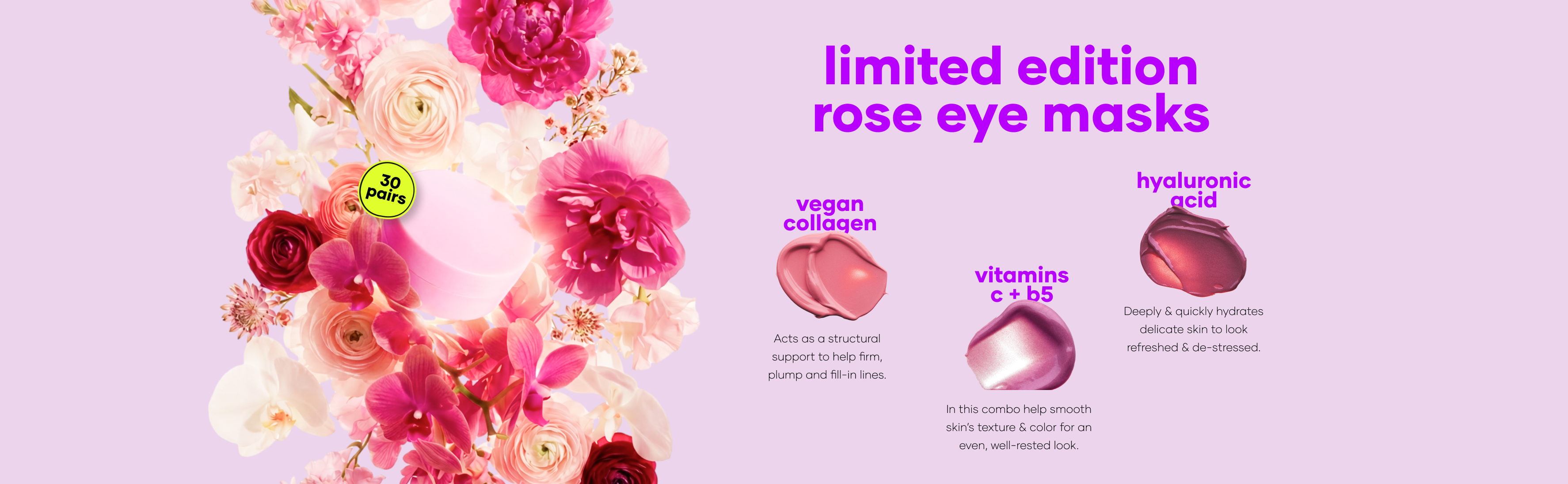 Pink eye mask container surrounded by various pink and red flowers, with product information.