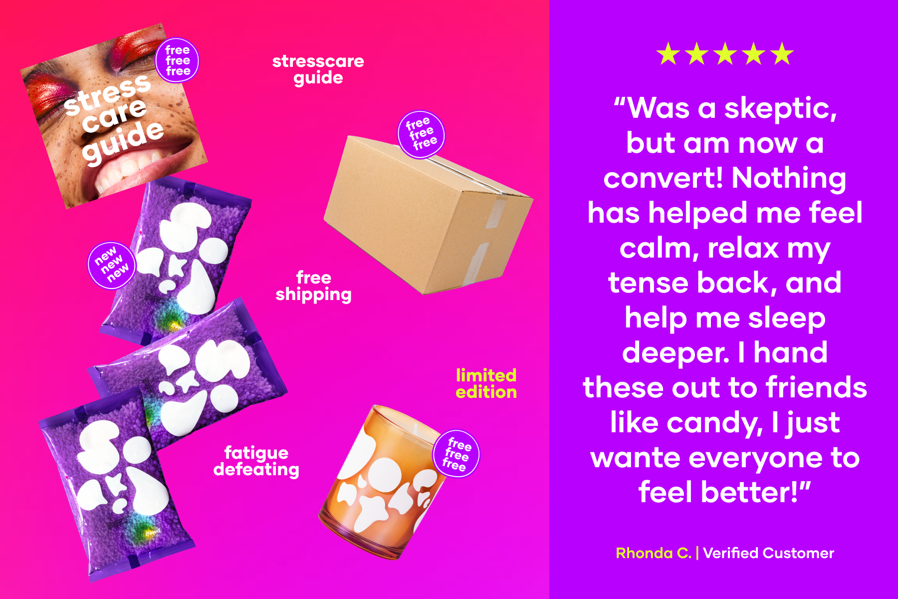 Colorful product advertisement with stress care guide, packaging, and customer review.