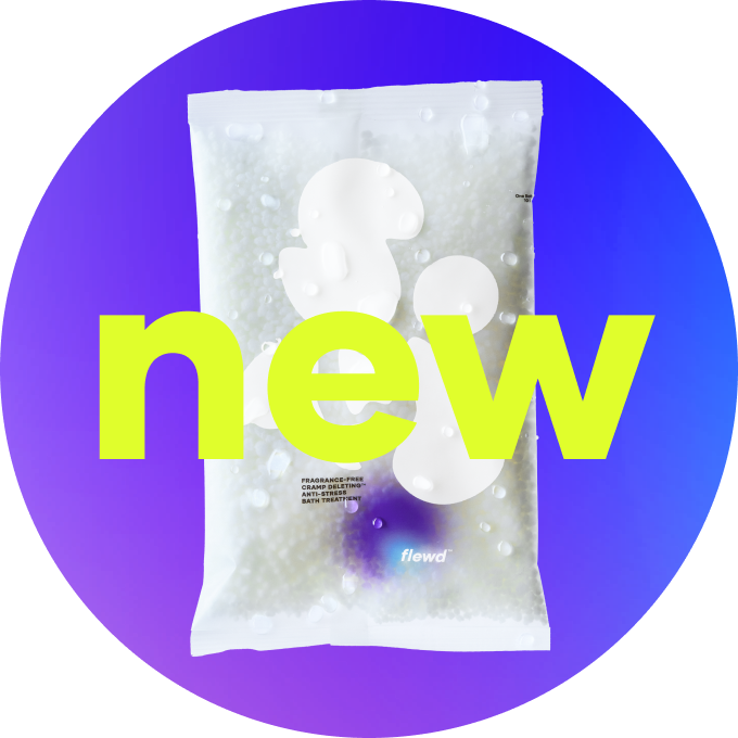 A pouch of bath treatment beads against a purple-blue gradient circle, with large, lime-green text reading 'new'.