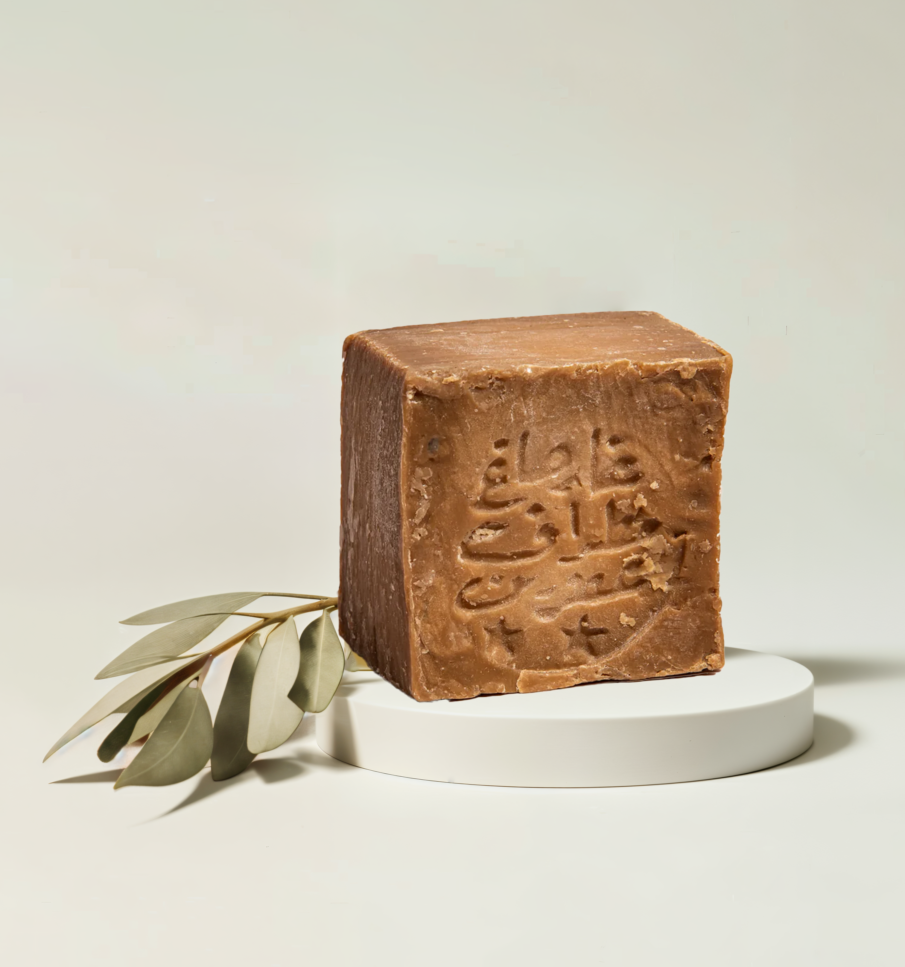 Brown soap block with engraved text, on a white stand with olive leaves.