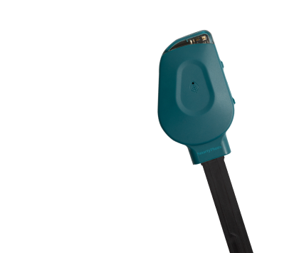 A close-up of a teal electronic device, possibly a body camera, attached to a black strap.