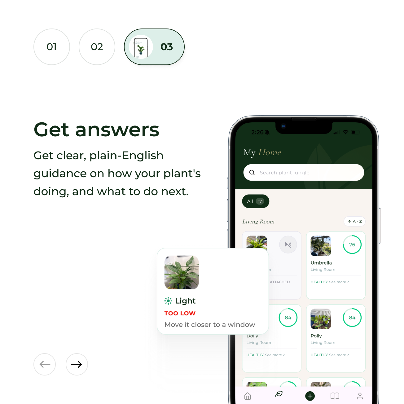 A smartphone displays a plant care app with a notification advising to move a plant closer to a window.