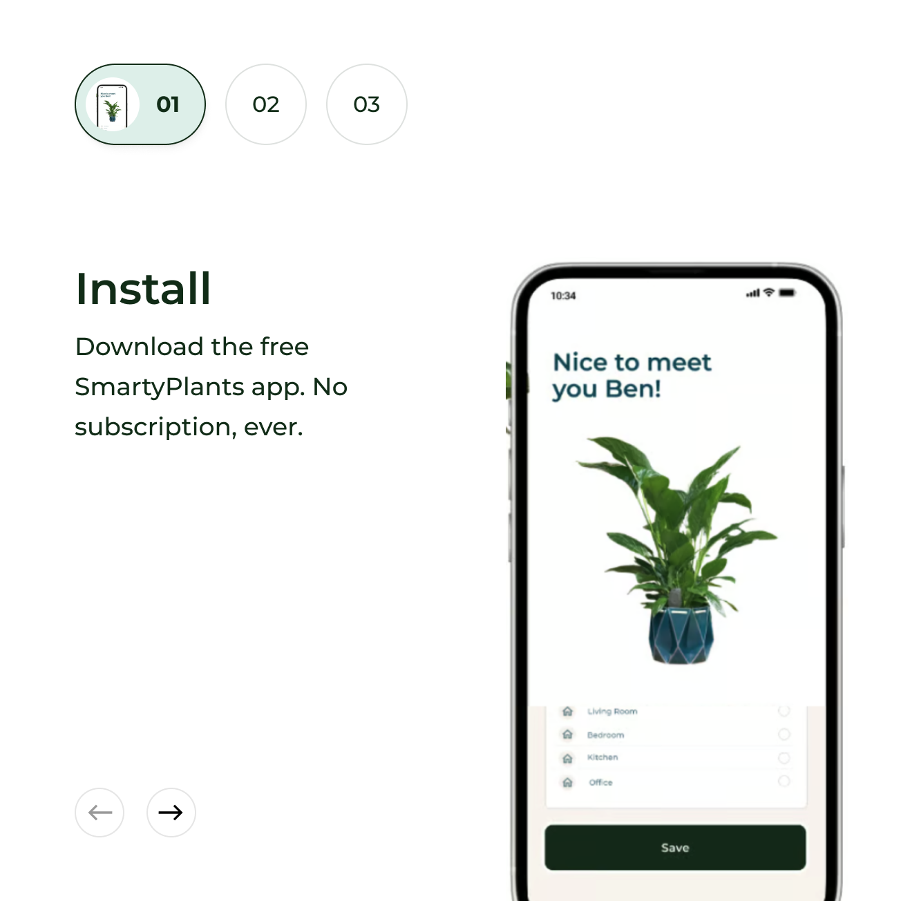 A smartphone showing the SmartyPlants app next to text instructing the user to install it.