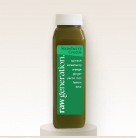 Green juice bottle with label listing ingredients on a neutral background.