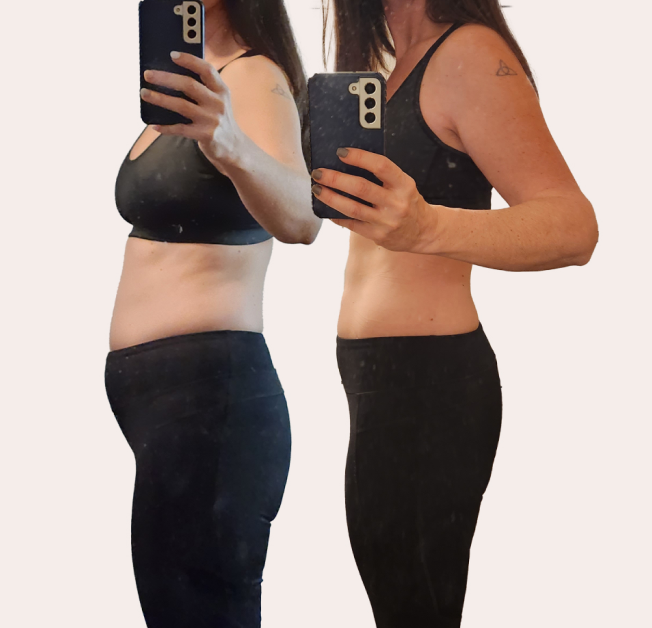 Side-by-side comparison of a person in workout clothes using a mirror.