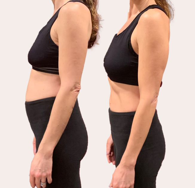 Two side-by-side profile images of a woman in black activewear.