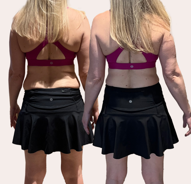 Two women with long hair wearing sports bras and black skirts, viewed from the back.