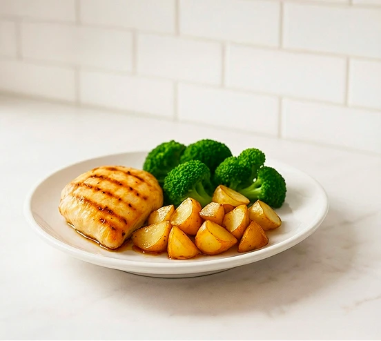 Grilled chicken, roasted potatoes, and broccoli on a white plate.