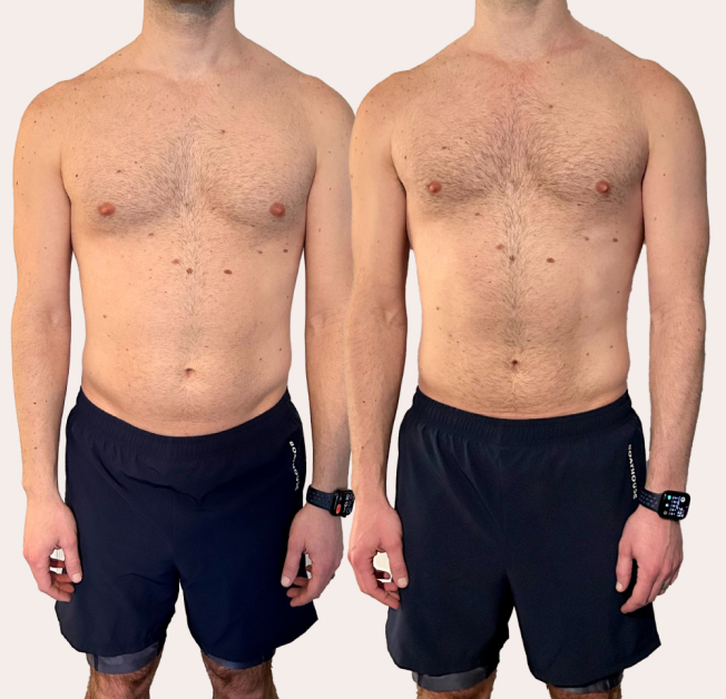 Two men wearing black shorts, one with a visible belly, the other more toned.