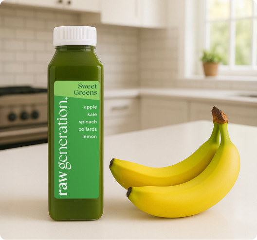 A bottle of Raw Generation green juice sits on a kitchen counter next to two bananas.