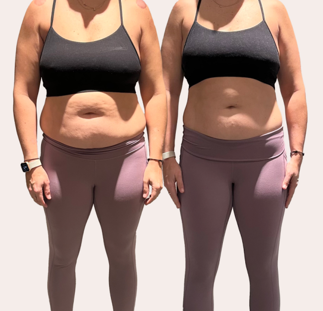 Two people in workout clothes standing side by side, wearing black tops and purple leggings.