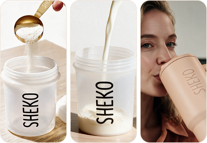 A triptych showing powder and liquid being mixed in a SHEKO shaker cup, and a woman drinking the shake.