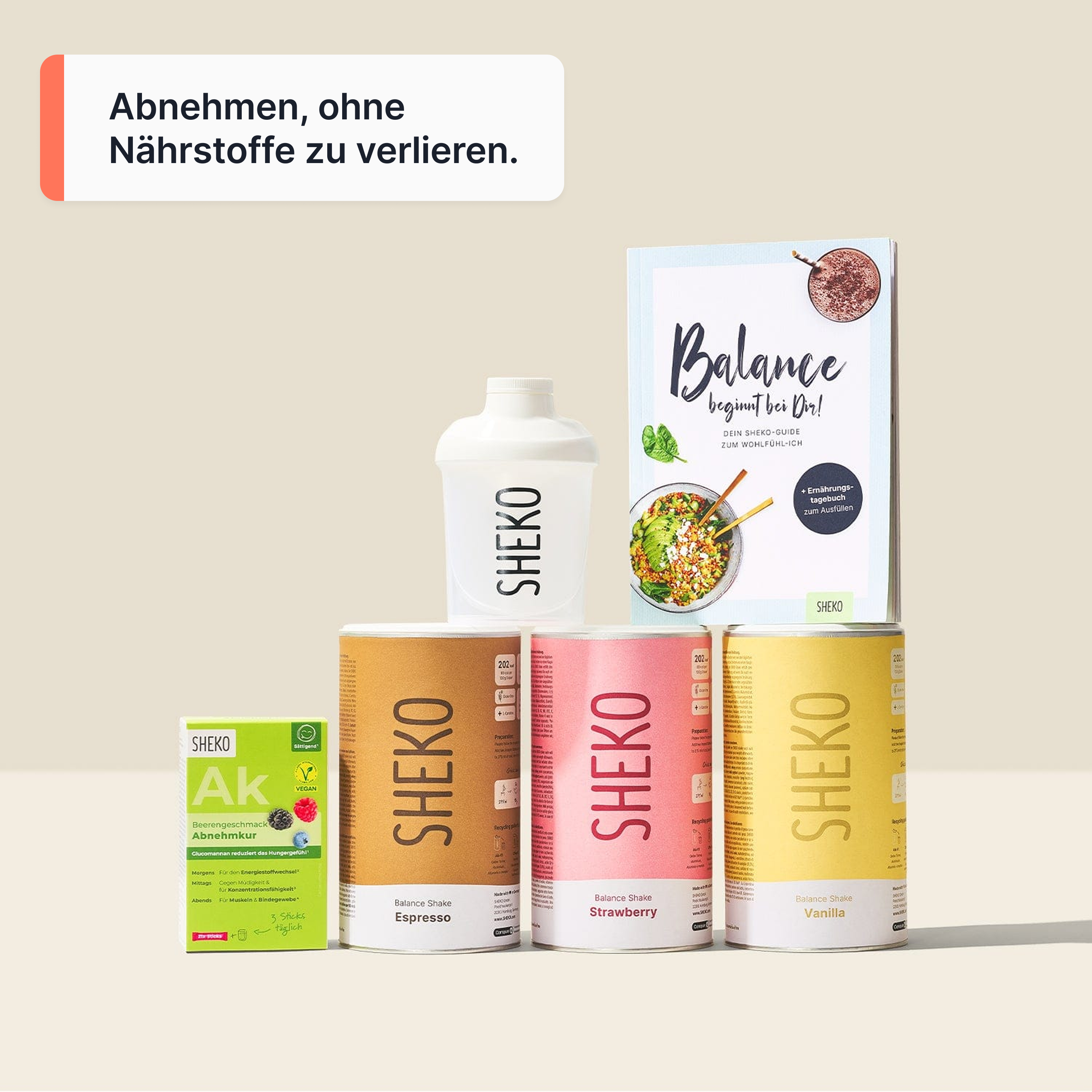 A collection of SHEKO brand nutritional products, including shakes, supplements, a shaker bottle, and a guide book.