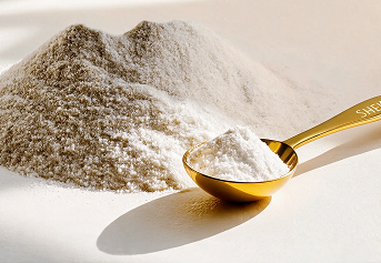A pile of white powder with a golden measuring spoon holding a scoop in the foreground.