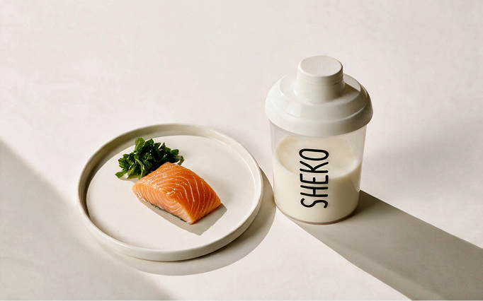 A piece of raw salmon with herbs on a white plate next to a SHEKO shaker bottle.