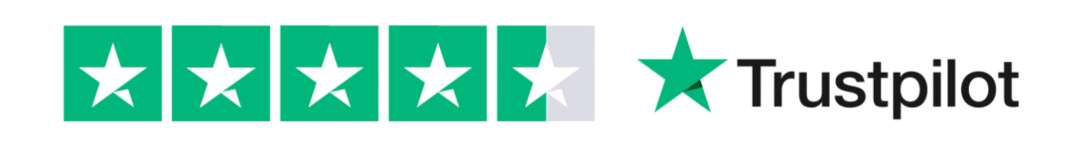 Trustpilot logo with four and a half green stars.