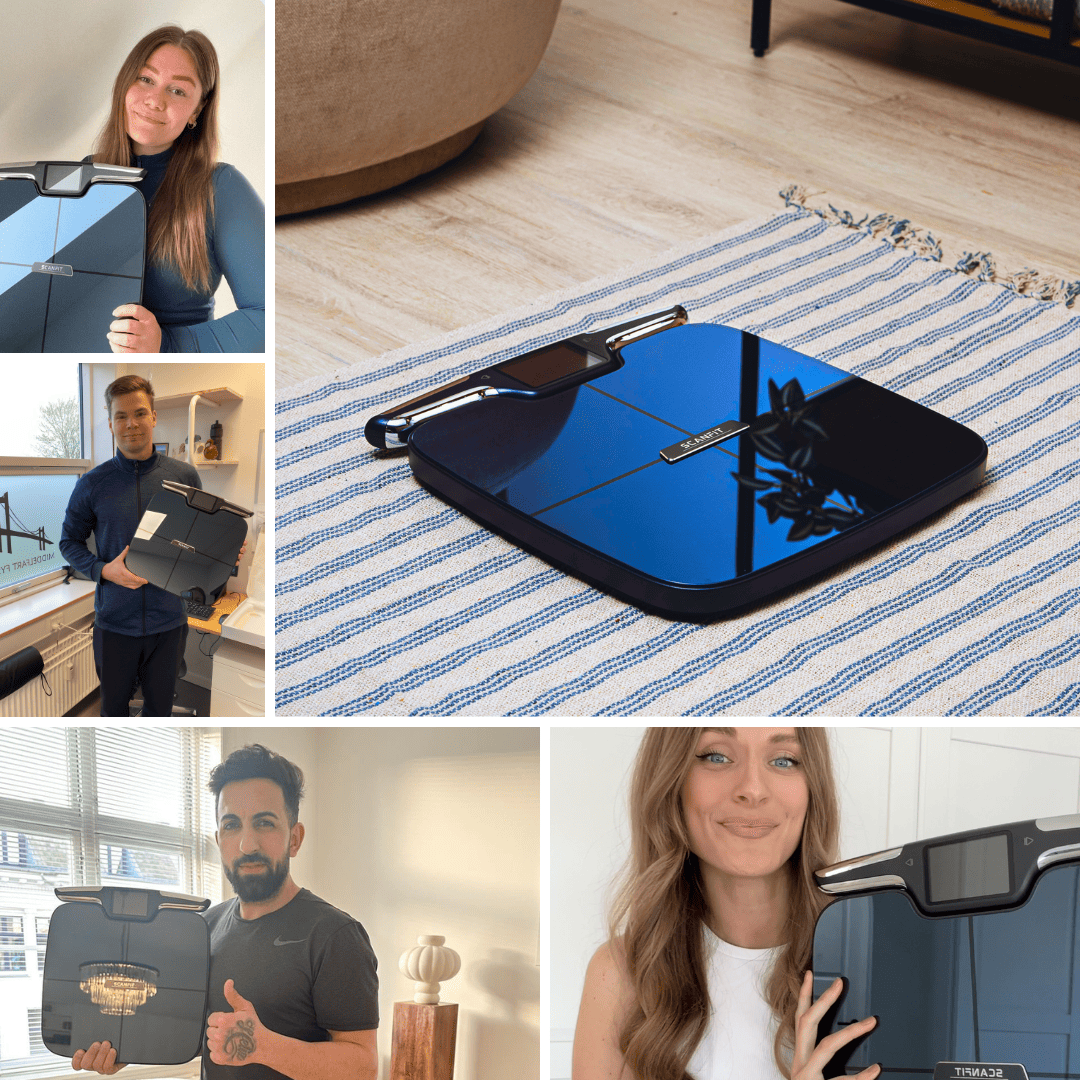 Collage of people holding a digital scale and a close-up of the scale on a striped cloth.