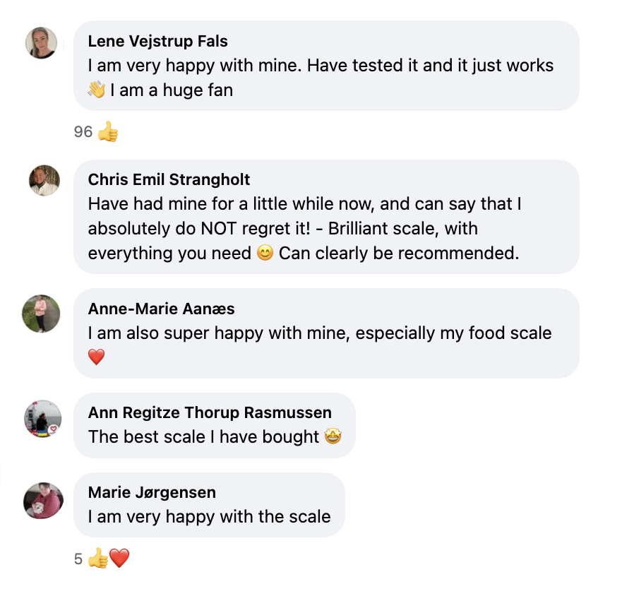 A composite image showing five positive social media testimonials about a scale.