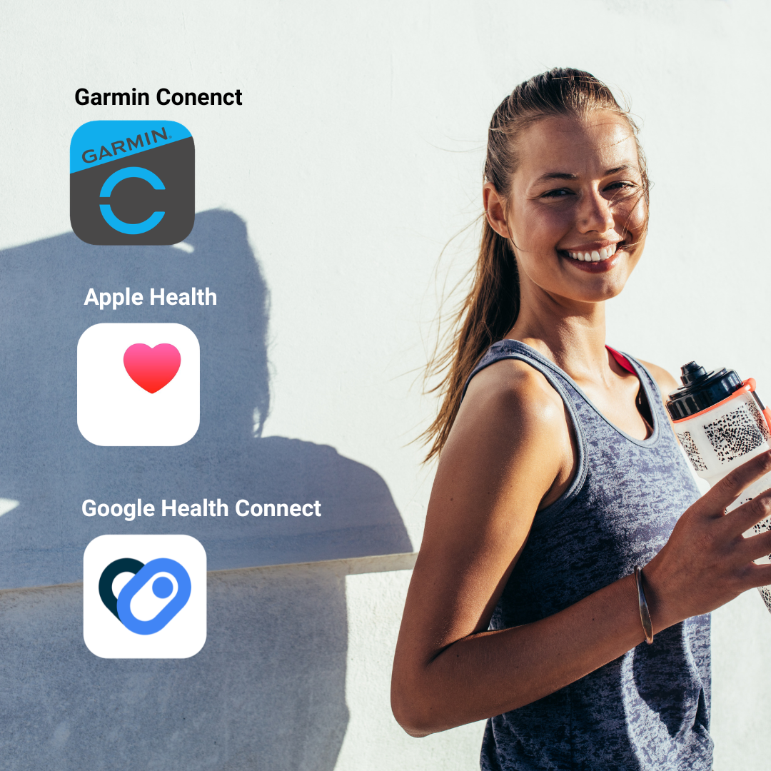 A smiling woman in workout clothes next to icons for Garmin Connect, Apple Health, and Google Health Connect.