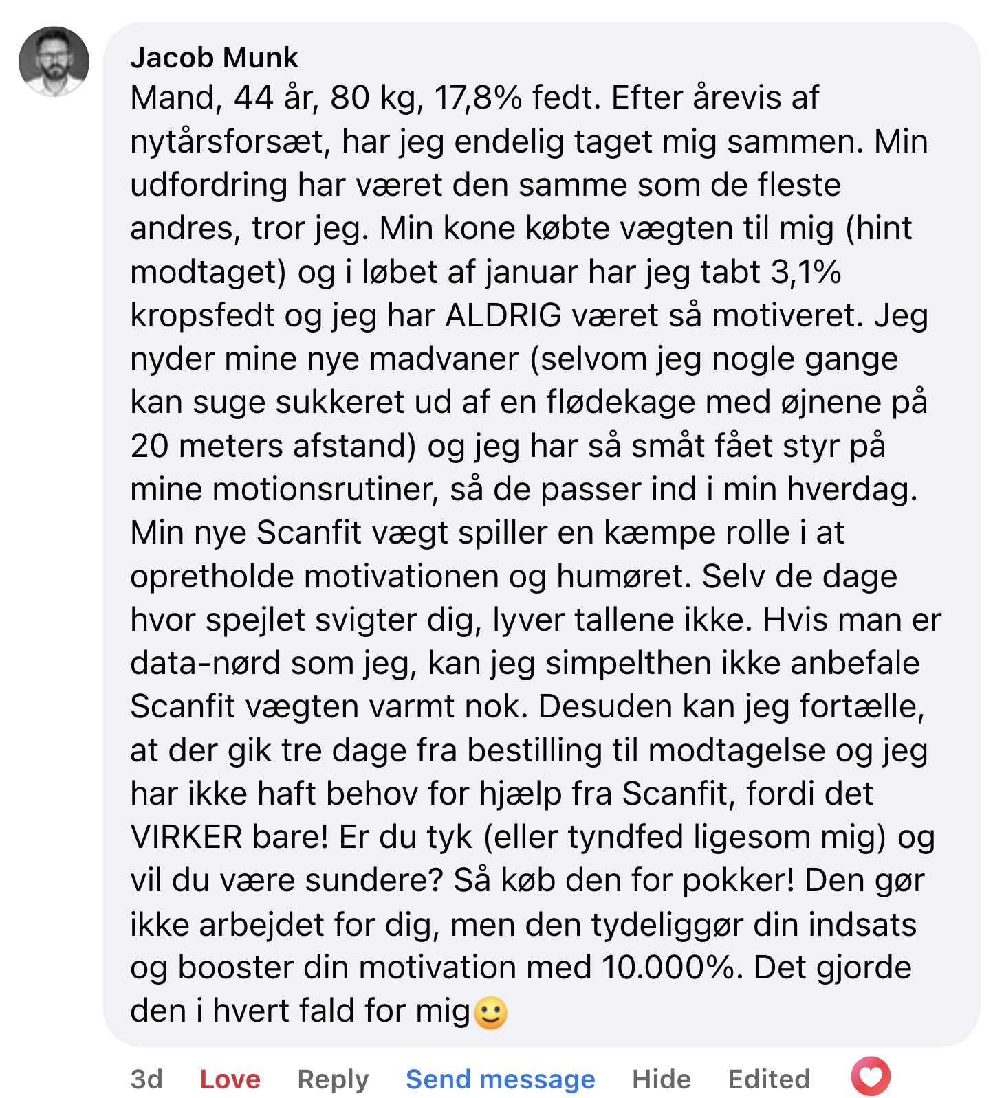 A screenshot of a testimonial in Danish from a user named Jacob Munk.