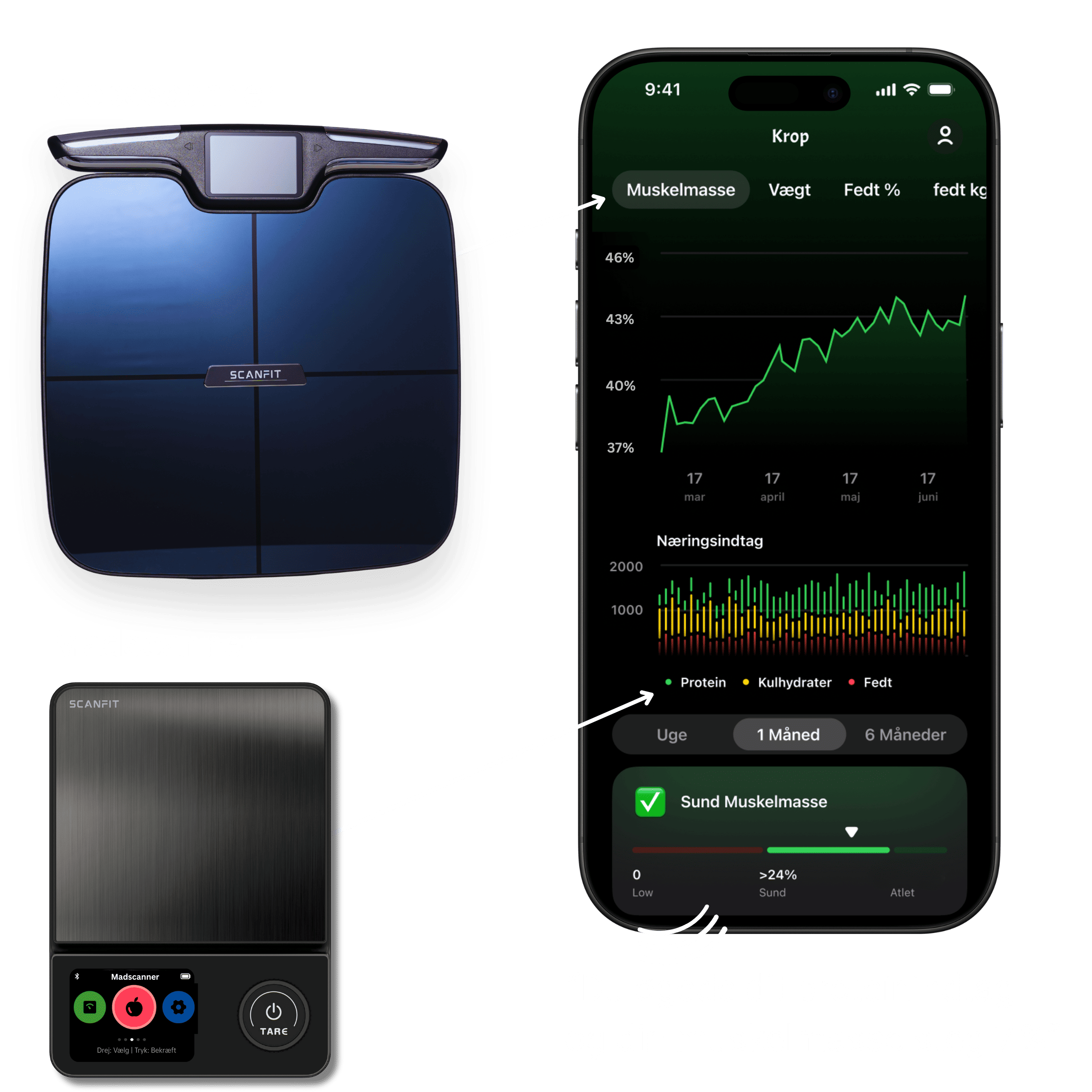 Smart scales and phone app displaying muscle mass and nutrition data.