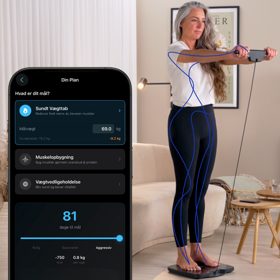 Woman on scale with fitness app interface on phone screen.
