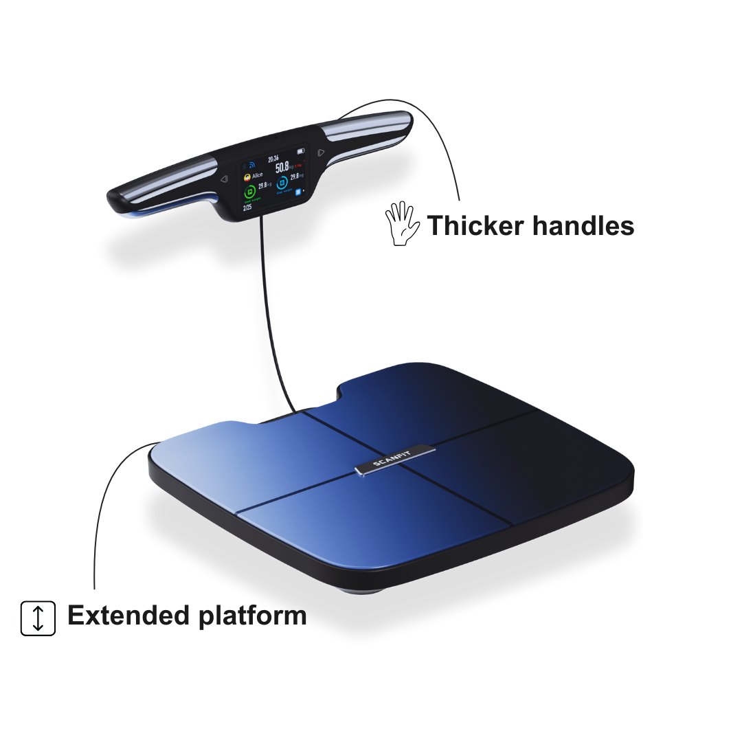 Digital scale with thicker handles and extended platform.