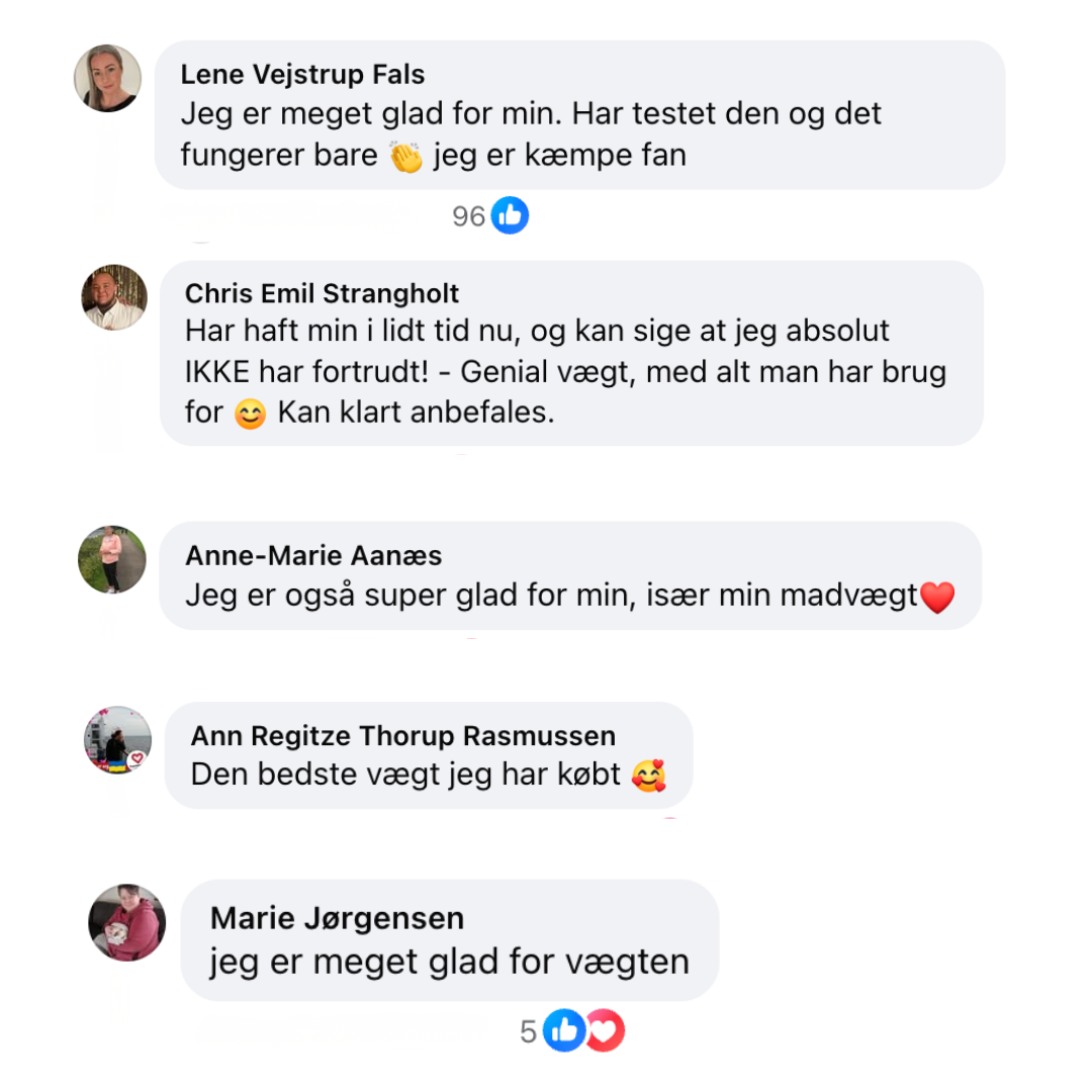 A screenshot of five positive customer testimonials in Danish, formatted as social media comments with profile pictures.