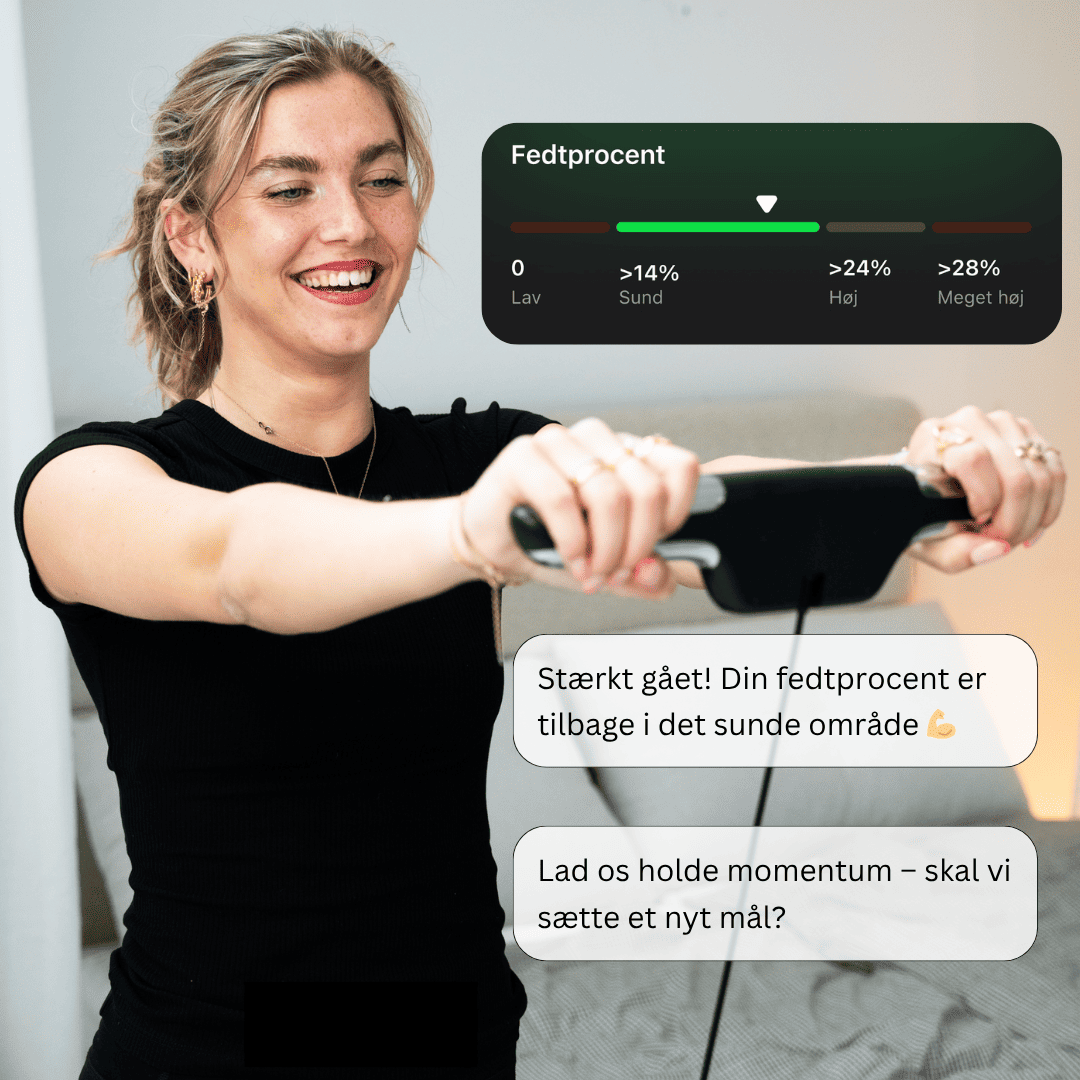 Smiling person holding a device with text about body fat percentage and motivational messages.