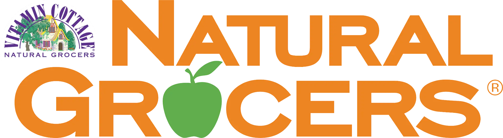 Logo of Natural Grocers with an apple icon and cottage illustration.
