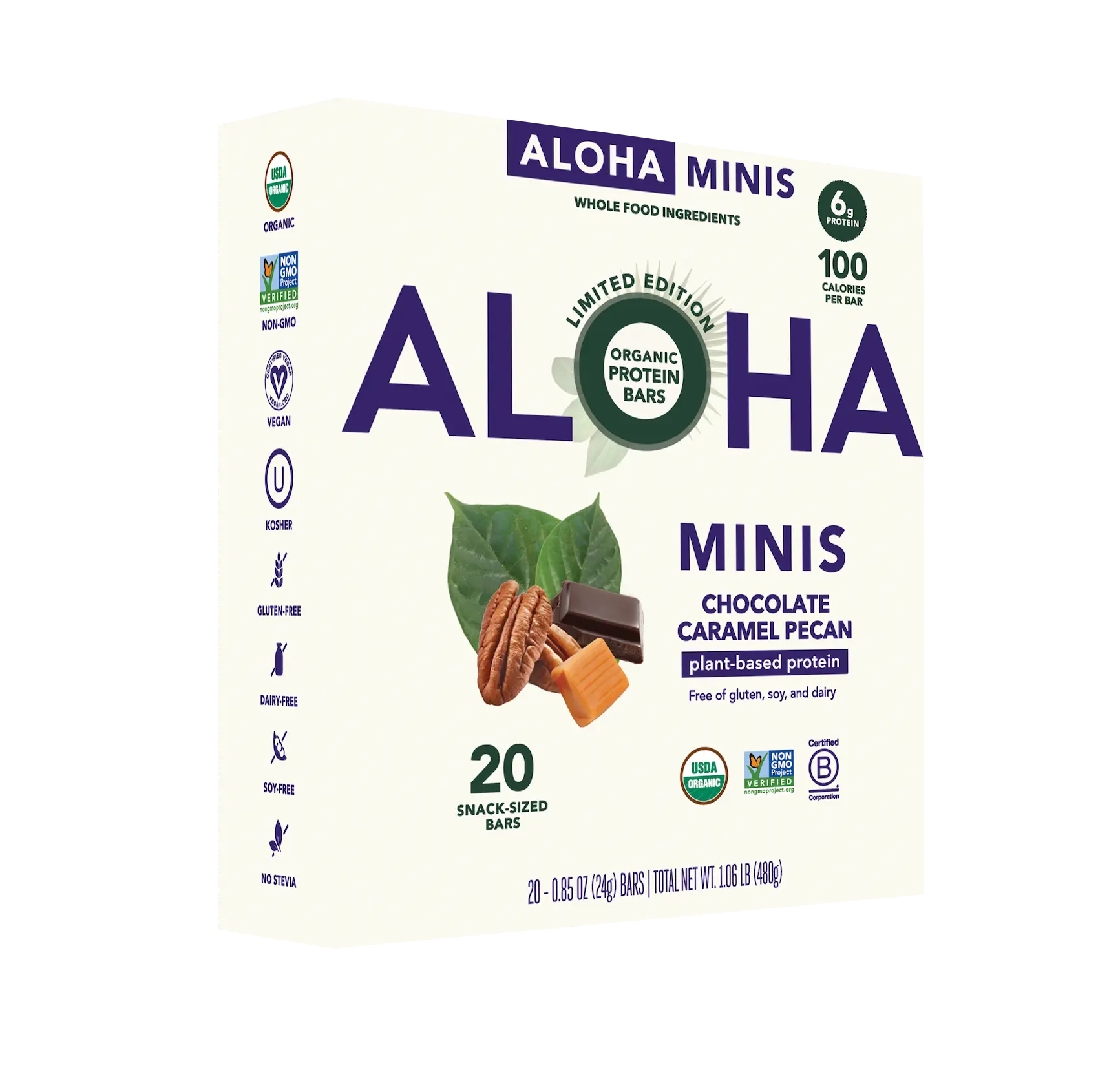 Box of Aloha Minis chocolate caramel pecan protein bars.