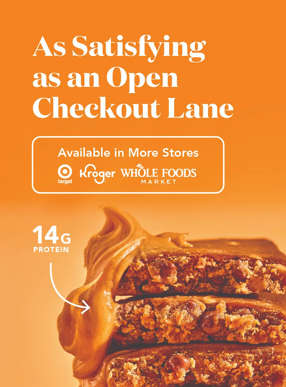 Protein bar with caramel, text about availability in stores.