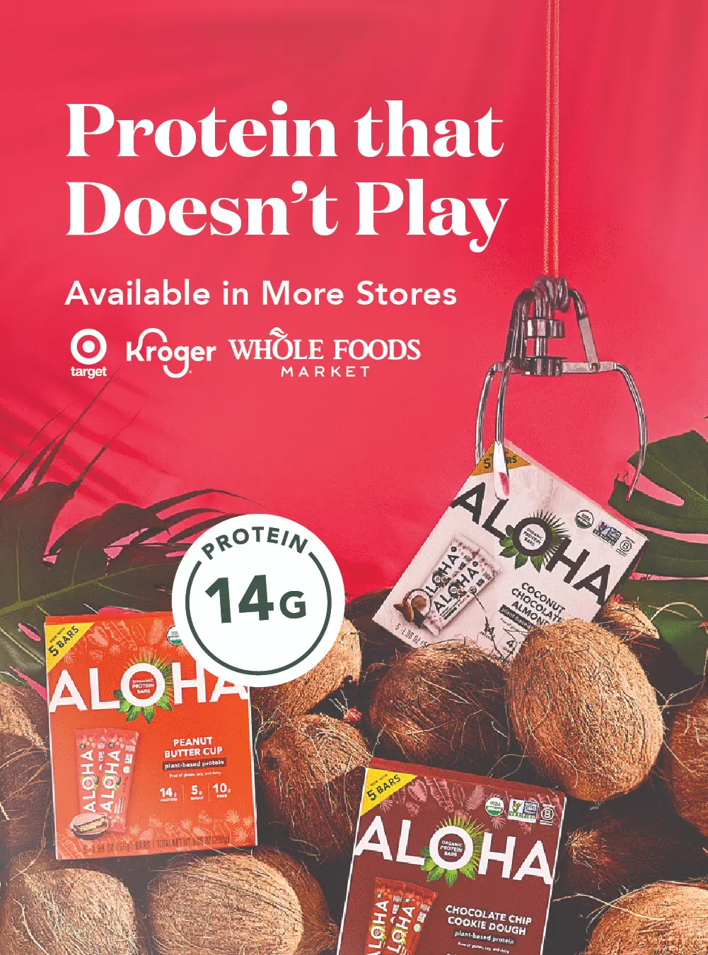 Aloha protein bars with coconuts and a claw machine on a red background.