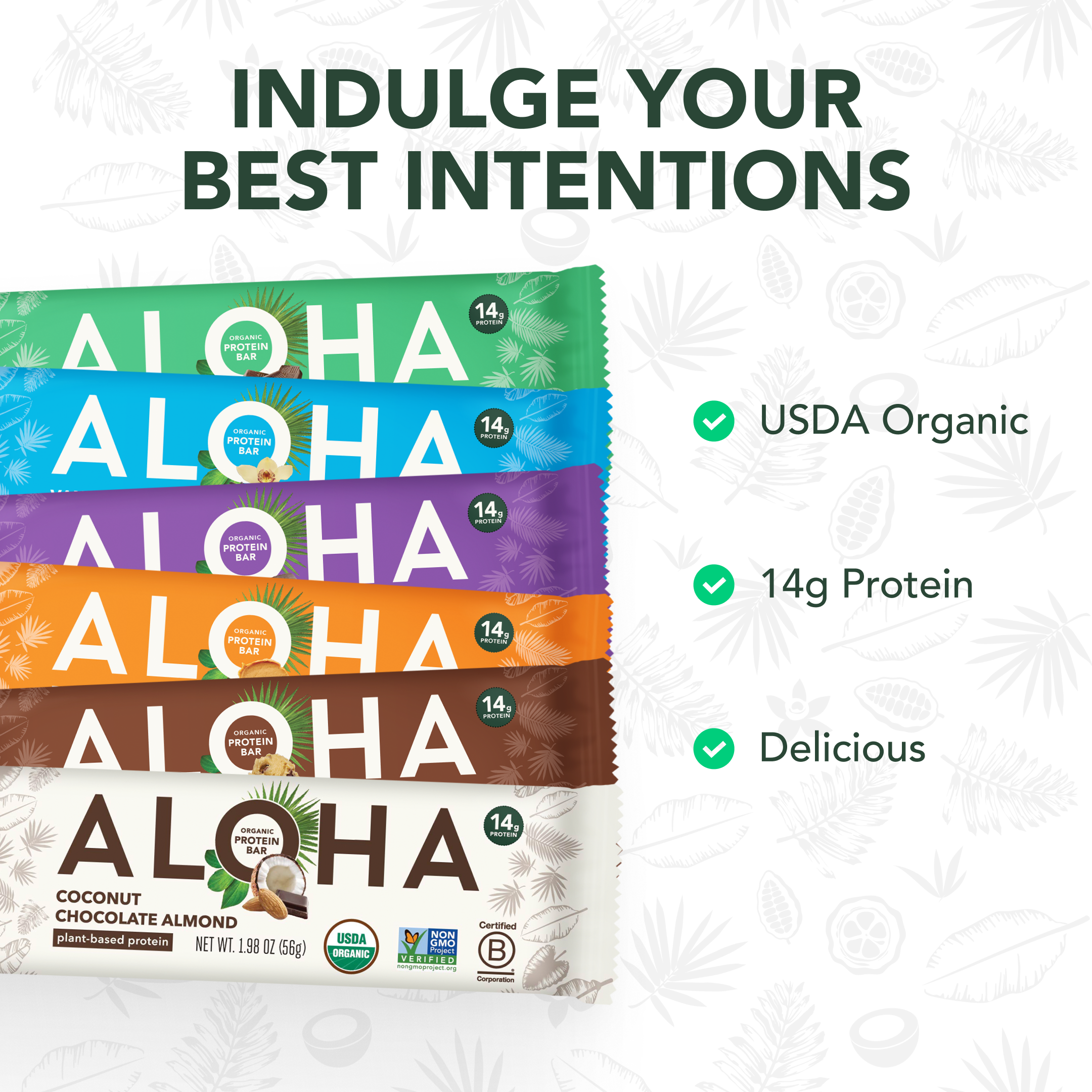 Colorful Aloha protein bar packages with labels highlighting USDA Organic, 14g protein, and delicious benefits.
