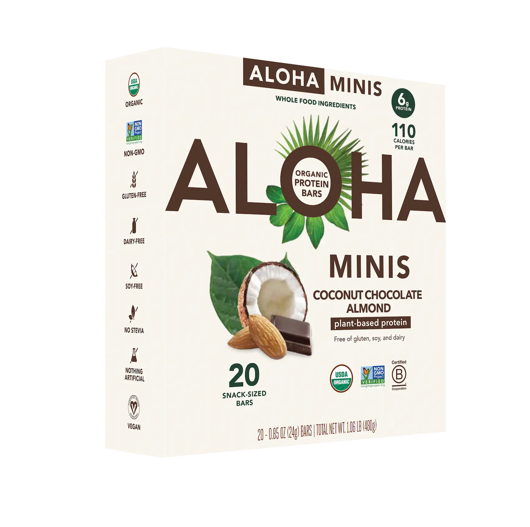 Box of Aloha Minis coconut chocolate almond protein bars with organic and vegan labels.
