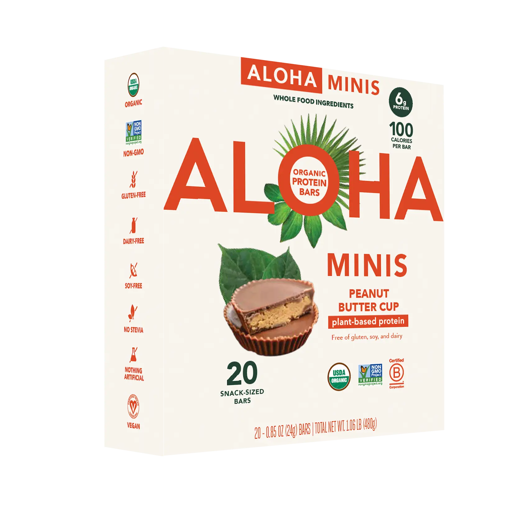Box of Aloha Minis peanut butter cup protein bars with organic and vegan labels.