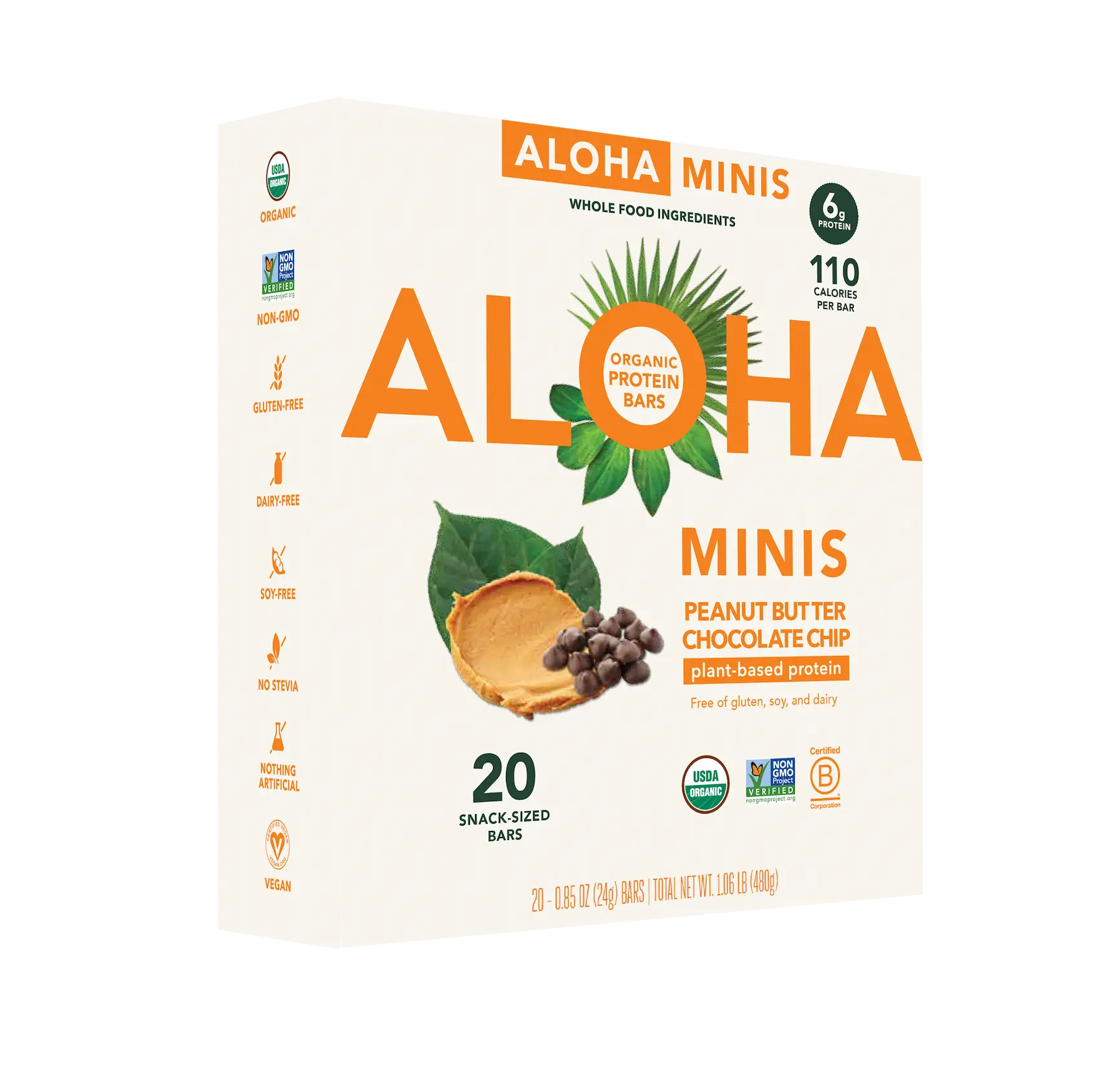Box of Aloha Minis peanut butter chocolate chip protein bars.