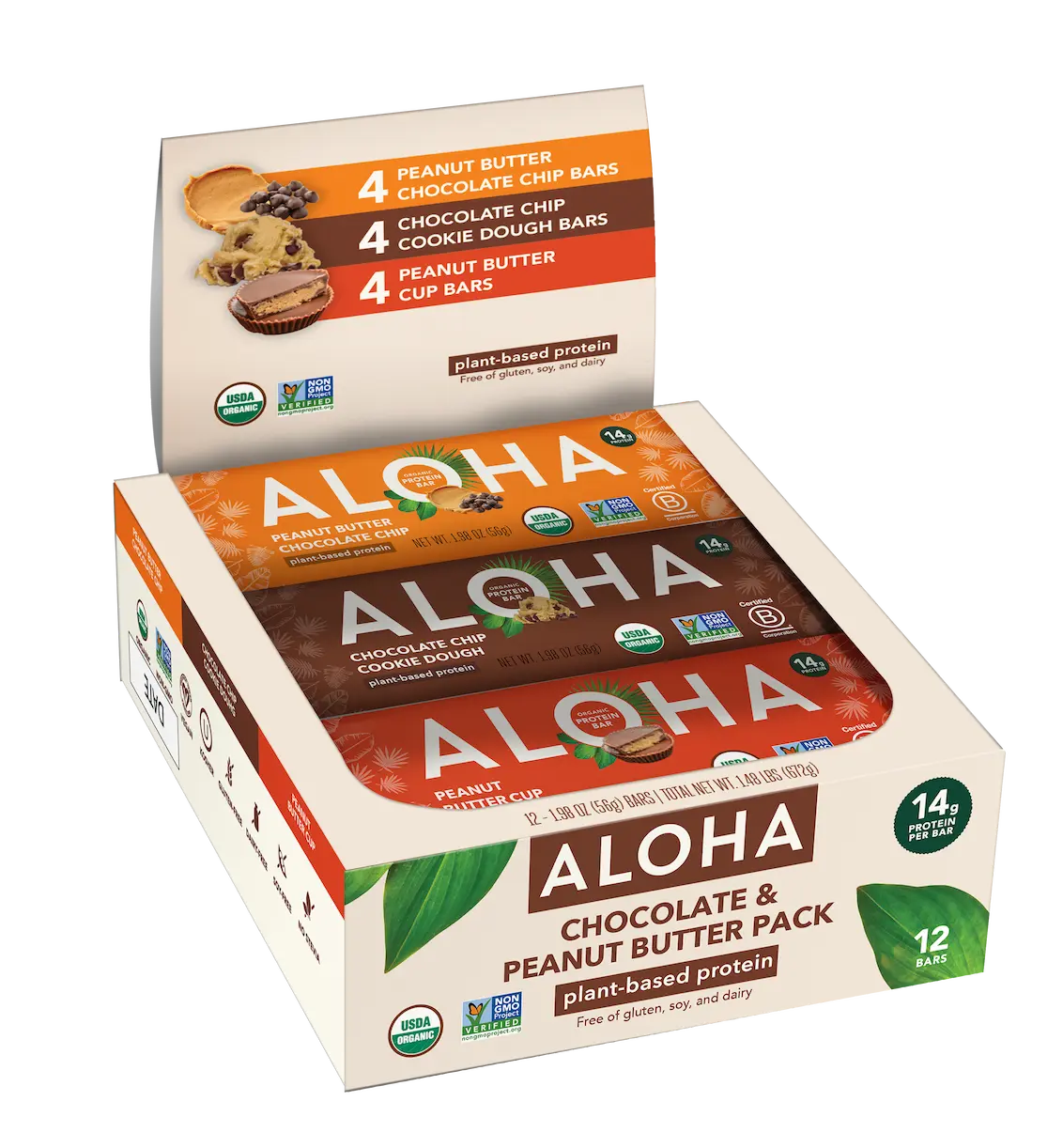 An open box of ALOHA Chocolate & Peanut Butter Pack plant-based protein bars showing the different flavors inside.