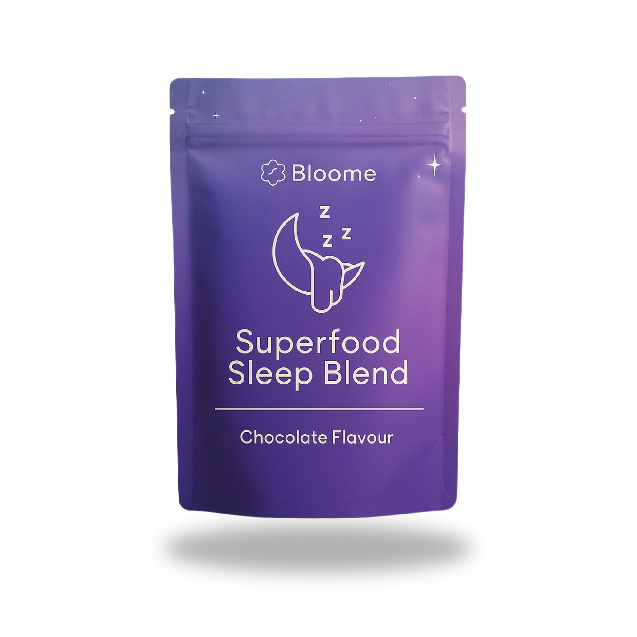 Purple pouch labeled 'Superfood Sleep Blend' with moon and stars design.
