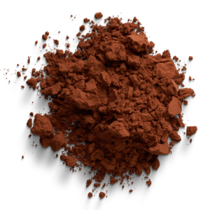 A pile of brown cocoa powder on a white background.