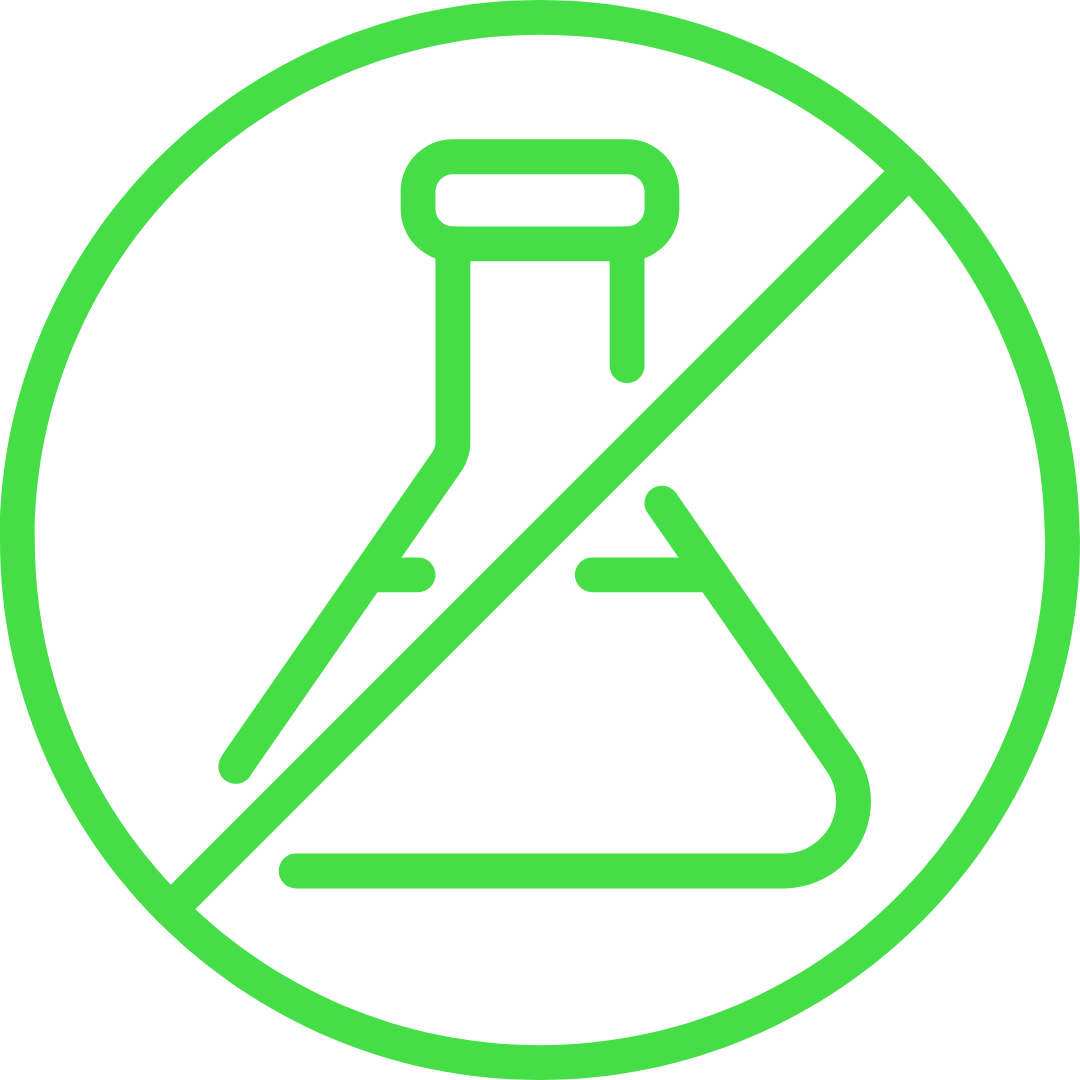 Green line art of a flask with a diagonal line through it.